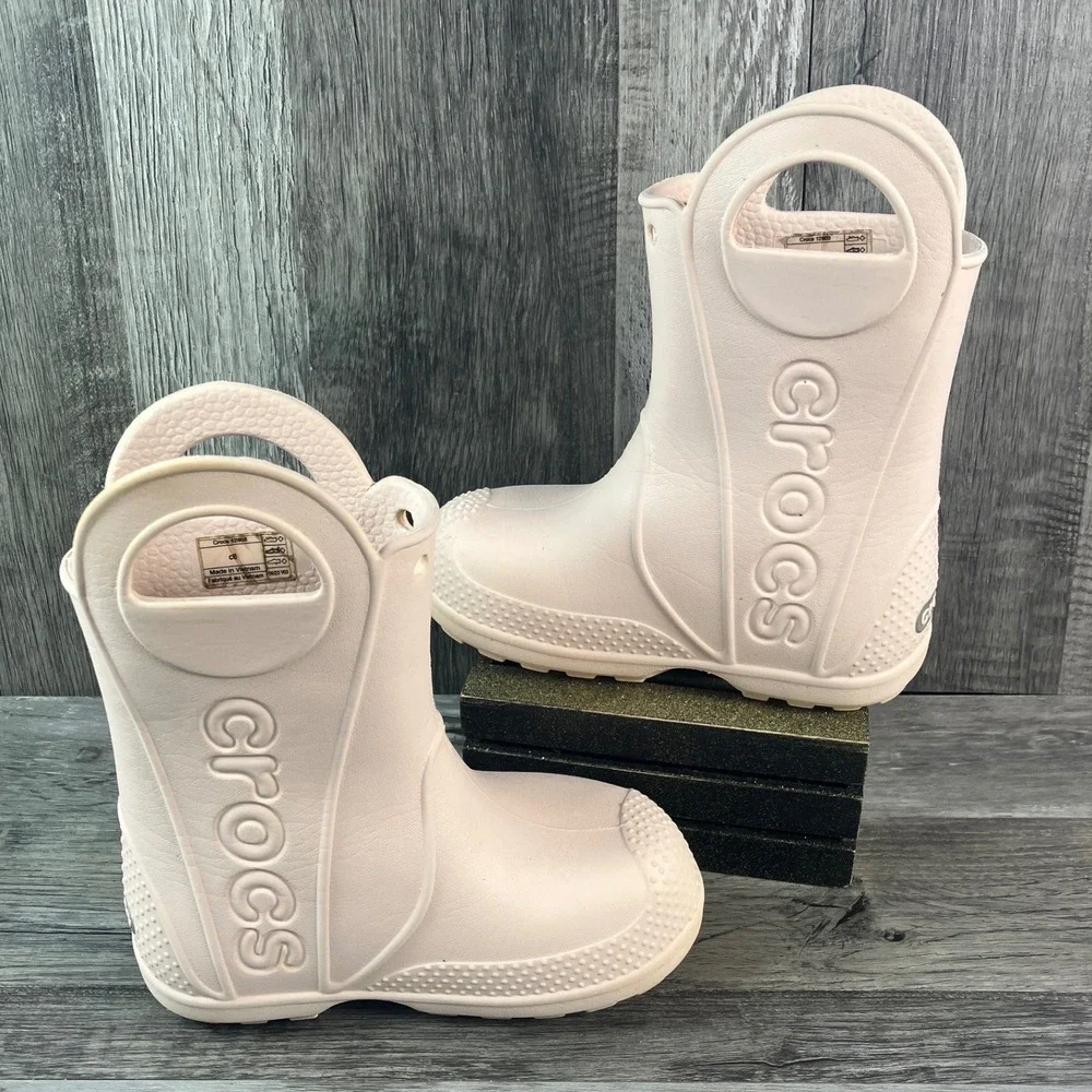Crocs Handle It Rain Boots Kids C8 Ballerina Pink Waterproof Pull On 12803